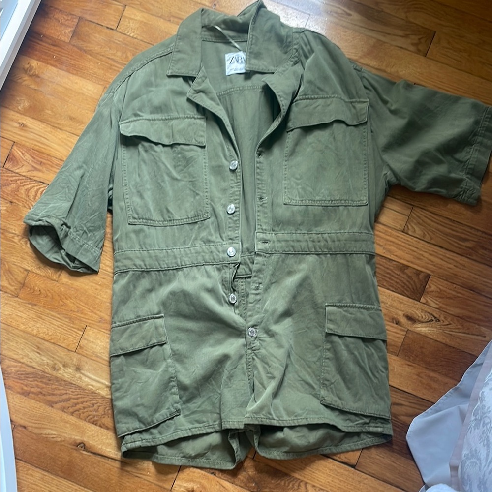 Zara Olive Utility Short-Sleeve Romper